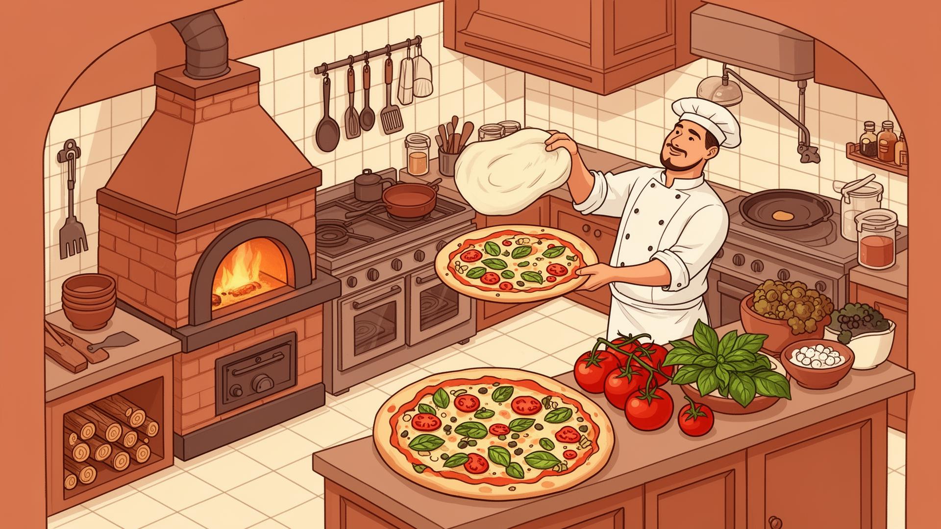 Illustrated pizzeria kitchen with chef tossing dough beside a wood-fired oven